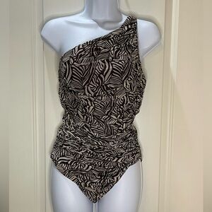 Diane Von Furstenberg Brown/Cream Ruched One Shoulder One Piece Swimsuit Size L